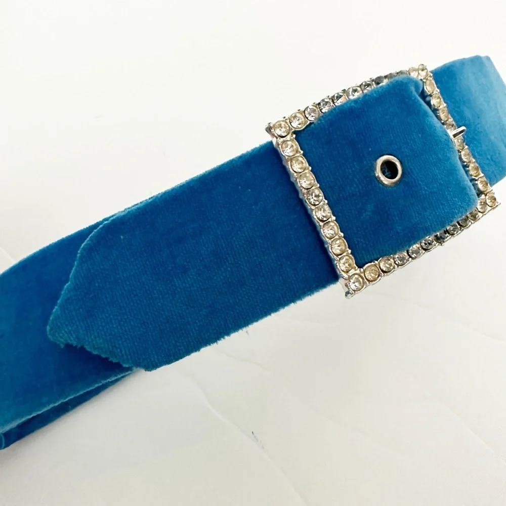 vintage kids handmade BELT blue velvet & rhinestones size unknown length: 27